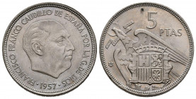 ESTADO ESPAÑOL (1939-1975). 5 Pesetas. (Ni. 5,83g/27mm). 1957 *66. Madrid. (Cal-2019-106). SC. Leves marquitas. Procedente de cartucho. Impronta de la...