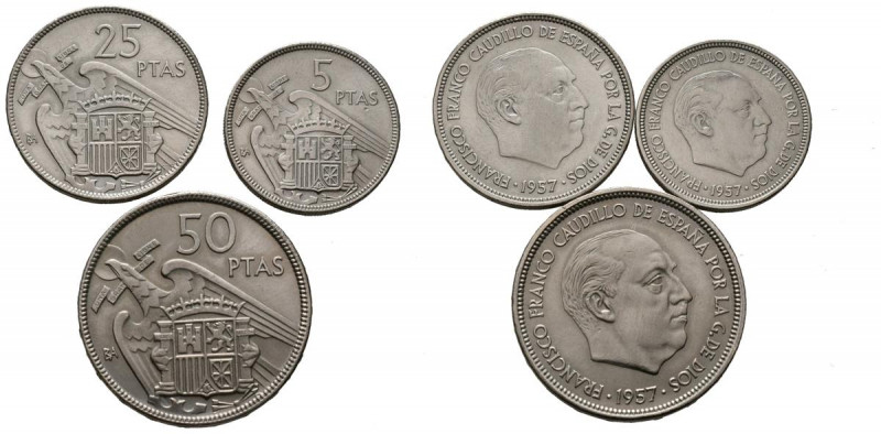 ESTADO ESPAÑOL (1936-1975). 5, 25 y 50 Pesetas. 1957 *BA. Barcelona. Serie compl...