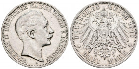 ALEMANIA. 3 Mark. (Ar. 16,62g/33mm). 1910. Berlin A. Imperio Alemán. William II. (Km # 527). MBC+. Limpiada.