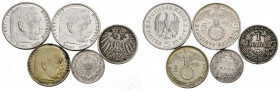 ALEMANIA. Interesante conjunto de 5 monedas de plata correspondientes a los periodos históricos del Imperio Alemán y III Reich. Módulos entre 1/2 y 5 ...