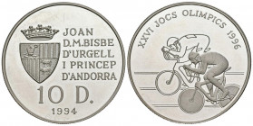 ANDORRA. 10 Diners (Ar. 31,53g/39mm). 1994. Juegos Olímpicos de 1996. Ciclismo. (Km#95). PROOF.
