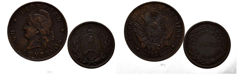 ARGENTINA. Pareja formada por 1 Décimo de 1823 y 2 Centavos de 1891. Diferentes ...