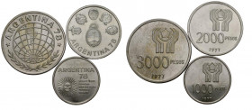 ARGENTINA. Conjunto formado por 3 monedas de 1000, 2000 y 3000 Pesos de 1977. Mundial de Fútbol de Argentina de 1978. Alto nivel de conservación en ge...