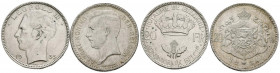 BELGICA. Pareja de 20 francos en plata acuñados en 1934 y 1935 bajo los reinados de Alberto I y Leopoldo III. Diferentes estados de conservación. A EX...