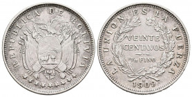 BOLIVIA. 20 Centavos. (Ar. 3,96g/23mm). 1909. (Km#176). EBC-.
