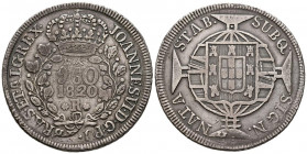 BRASIL. 960 Reis. (Ar. 26,17g/42mm). 1820. D. Joao VI. Río de Janeiro R. (Km#326.1). MBC. Acuñada sobre una moneda de 8 Reales española. Bonito tono....