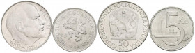CHECOSLOVAQUIA. Conjunto de 2 monedas en plata de 5 y 50 Coronas acuñadas en 1928 y 1970. Diferentes estados de conservación. A EXAMINAR.