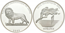 CONGO. 10 Francos (Ar. 25,59g/40mm). 2003. Juegos Olímpicos de Atenas 2004. (Km-UC#222). PROOF. Rara.