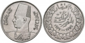 EGIPTO. 20 Piastras (Ar. 27,80g/40mm). 1937 (1356H). Faruq. (Km#368). MBC+. Escasa.