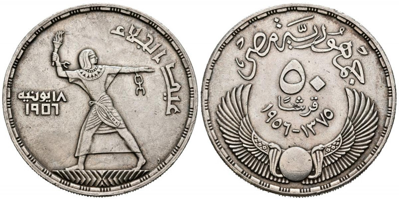 EGIPTO. 50 Piastras. (Ar. 27,98g/40mm). 1956. Gamal Abdel Nasser. (Km#386). MBC+...