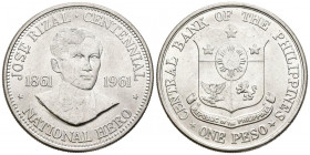 FILIPINAS. 1 Peso. (Ar. 26,76/38mm). 1961. Centenario del Nacimiento de José Rizal. (Km#192). EBC.