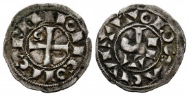 FRANCIA, Ramón V-VII (1148-1249). Obolo. (Ar. 0,49g/14mm). Condado de Toulouse. (Boud 722). Anv: Cruz, alrededor leyenda: RAMON COMES. Rev: PAX, alred...