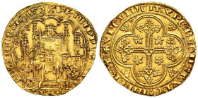 FRANCIA, Felipe VI. Escudo de Oro. (Au. 4,53g/27mm). 1328-1350. (Duplessy 249). Anv: Felipe VI sentado de frente en trono con espada y escudo dentro d...