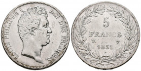 FRANCIA. 5 Francs. (Ar. 24,50g/37mm). 1831. Luis Felipe I. Lille W. (Km#745). MBC.