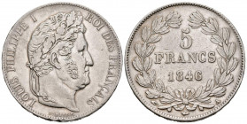 FRANCIA. 5 Francs. (Ar. 24,91g/37mm). 1846. Luis Felipe I. París A. (Km#745). MBC+. Buen ejemplar.