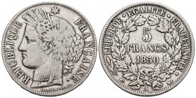 FRANCIA. 5 Francs. (Ar. 24,60g/37mm). 1850. II República. París A. (Km#761). MBC-/MBC.