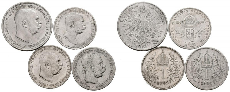 IMPERIO AUSTRO-HUNGARO. Conjunto de 4 monedas de 1 y 2 Coronas en plata acuñados...