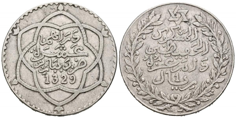 MARRUECOS. 10 Dirhams. (Ar. 24,81g/37mm). 1911 (1329H). París. (Km#25). MBC.