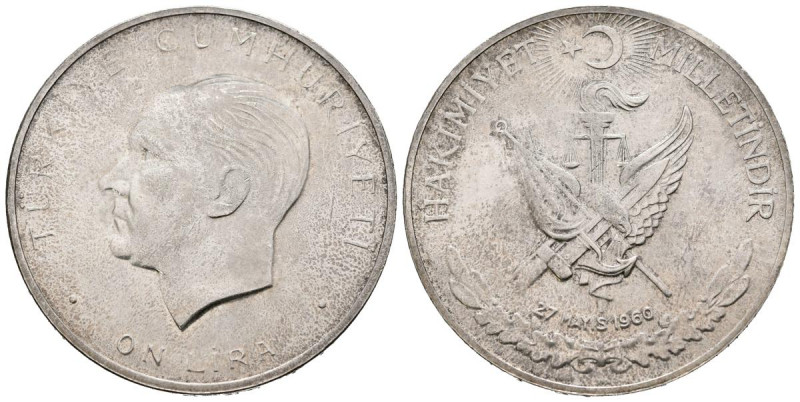 TURQUIA. 10 Liras. (Ar. 15,13g/34mm). 1960. Revolución del 27 de Mayo de 1960. (...