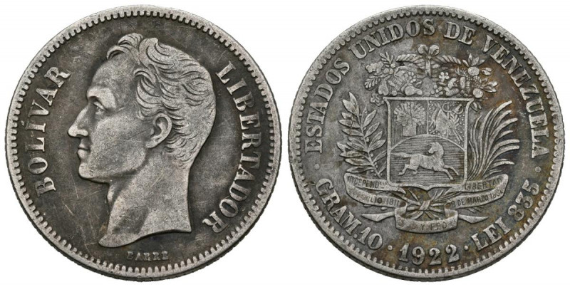 ESTADOS UNIDOS DE VENEZUELA. 2 Bolívares. (Ar. 9,73g/27mm). 1922. Philadelphia. ...