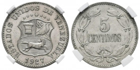 ESTADOS UNIDOS DE VENEZUELA. 5 Céntimos. (CuNi. 2,30g/19mm). 1927. Philadelphia. (Km#Y27). Encapsulado NGC MS-64.