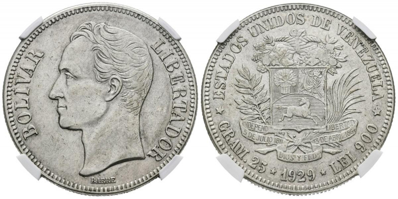 ESTADOS UNIDOS DE VENEZUELA. 5 Bolívares. (Ar. 25,00mm/37mm). 1929. Philadelphia...