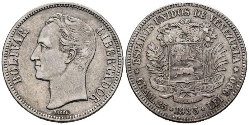 VENEZUELA. 5 Bolívares. (Ar. 24,96g/37mm). 1935. Philadelphia. (Km#24.2). MBC.