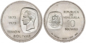 VENEZUELA. 10 Bolívares. (Ar. 30,11g/39mm). 1973. Centenario de la efigie de Simón Bolivar en la moneda (1873-1973). (Km#45). EBC+.