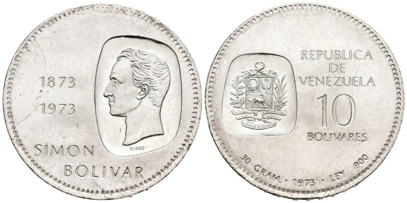 VENEZUELA. 10 Bolívares. (Ar. 30,21g/39mm). 1973. Centenario de la efigie de Sim...