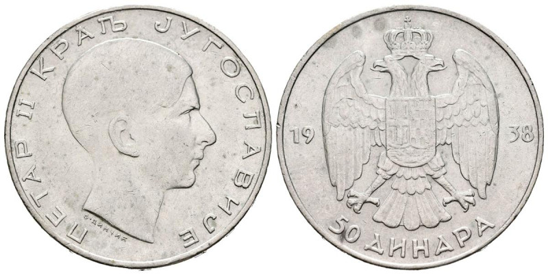 YUGOSLAVIA. 50 Dinares. (Ar. 15,02g/31mm). 1938. Pedro II. Reino de Yugoslavia. ...
