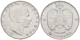 YUGOSLAVIA. 50 Dinares. (Ar. 15,02g/31mm). 1938. Pedro II. Reino de Yugoslavia. (Km#24). MBC+. Marquitas.