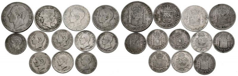 MONARQUÍA ESPAÑOLA y CENTENARIO DE LA PESETA. Conjunto de 12 monedas de plata de...