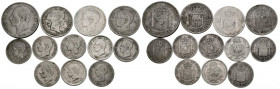 MONARQUÍA ESPAÑOLA y CENTENARIO DE LA PESETA. Conjunto de 12 monedas de plata de diferentes módulos, fechas y estados de conservación. A EXAMINAR.