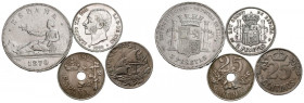 CENTENARIO DE LA PESETA. Bonito conjunto formado por 4 monedas, 2 de ellas en plata, acuñadas entre el Gobierno Provisional y el reinado de Alfonso XI...