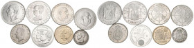 ESPAÑA. Conjunto formado por 8 monedas de diferentes periodos entre las que destacan 6 piezas en plata del Centenario, Estado Español y Juan Carlos I....