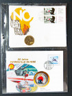 Conjunto de 3 sobres monedas conmemorativas de 2 y 5 Mark alemanes (1978 año del No al Apartheid y 1990 Franz J. Strauss) y medalla suiza de la colecc...