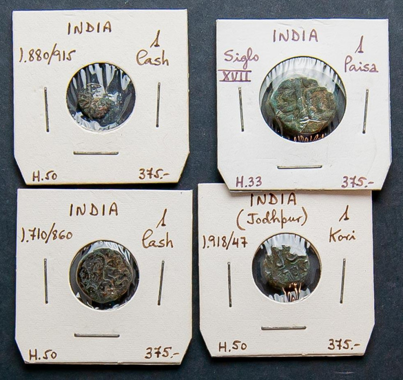 INDIA. Lote de 4 monedas de los siglos XVII, XVIII, XIX y XX. Valores de 1 Paisa...