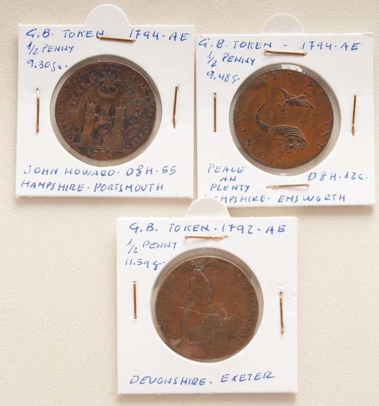 GRAN BRETAÑA. Conjunto de 3 piezas de 1/2 Penny Token en cobre de los años 1792 ...