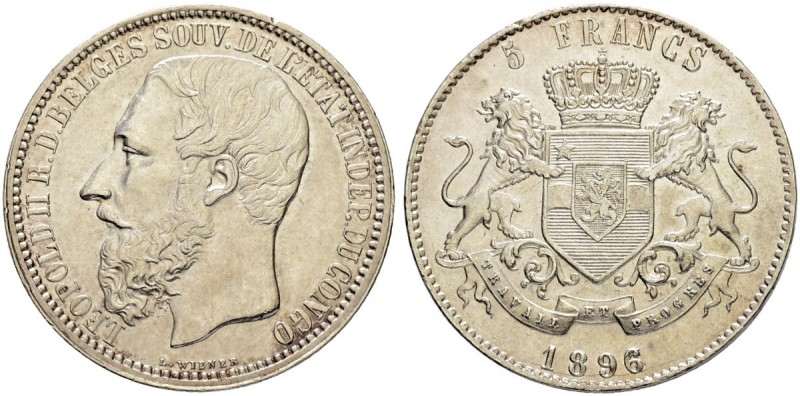 BELGIEN
Belgisch Kongo. Leopold II. 1865-1909. 5 Francs 1896. 24.99 g. KM 8.1. ...