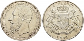 BELGIEN
Belgisch Kongo. Leopold II. 1865-1909. 5 Francs 1896. 24.99 g. KM 8.1. Dav. 10. Kleine Randfehler / Minor edge nicks. Gutes sehr schön / Good...