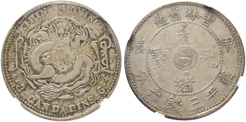CHINA
Kaiserreich. Kirin Provinz. 3 Mace 6 Candarins bzw. 50 Cents 1904. L./M. ...
