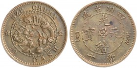 CHINA
Kaiserreich. Szechuan Provinz. 10 Cash o. J. (1903-1905). Probe / Pattern. 8.41 g. Äusserst selten / Extremely rare. Feine Patina / Nicely tone...