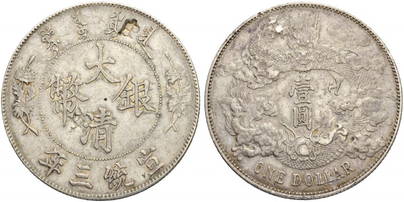 CHINA
Republik. Dollar Jahr 3 (1911), Tientsin. Mit zwei Chopmarks. 26.72 g. L....