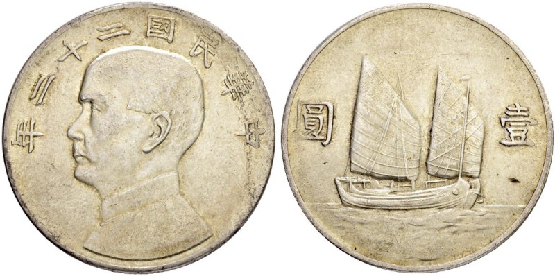CHINA
Republik. Dollar Jahr 22 (1933). 26.61 g. L./M. 109. Dav. 223. Selten / R...
