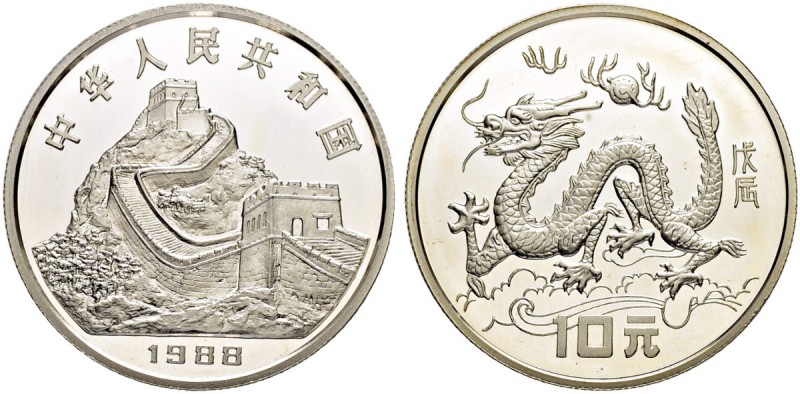 CHINA
Volksrepublik. 10 Yuan 1988. Jahr des Drachen. 15.17 g. KM A193. In Origi...