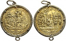 DEUTSCHLAND - Erzgebirge
Vergoldete Silbergussmedaille 1558. Unsigniert, Stempel von Nickel Milicz oder seiner Werkstatt. Samson trägt die Tore von G...