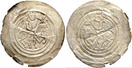 DEUTSCHLAND
Mühlhausen, Reichsmünzstätte. Heinrich VI. 1190-1197. Brakteat. Reitender Kaiser nach rechts, Banner in der Rechten, den Schild in der Li...