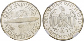 DEUTSCHLAND
Weimarer Republik. 3 Reichsmark 1930 E, Muldenhütten. Weltrundflug des Luftschiffs "Graf Zeppelin". J. 342. NGC PF66. (~€ 255/~US$ 315)...