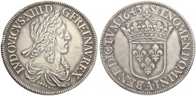 FRANKREICH
Königreich und Republik. Louis XIII. 1610-1643. Ecu de 60 sols 1643 A, Paris. Deuxième poinçon de Warin. Punkt über der Krone. 27.30 g. Ga...