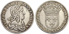 FRANKREICH
Königreich und Republik. Louis XIII. 1610-1643. 1/2 Ecu 1643 A, Paris. Deuxième poinçon de Warin. Rosette über der Krone. 13.60 g. Gadoury...